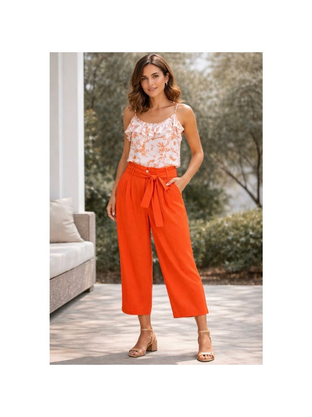 Bar III Orange & White Toile Print Ruffle Tank Top | Size XL
